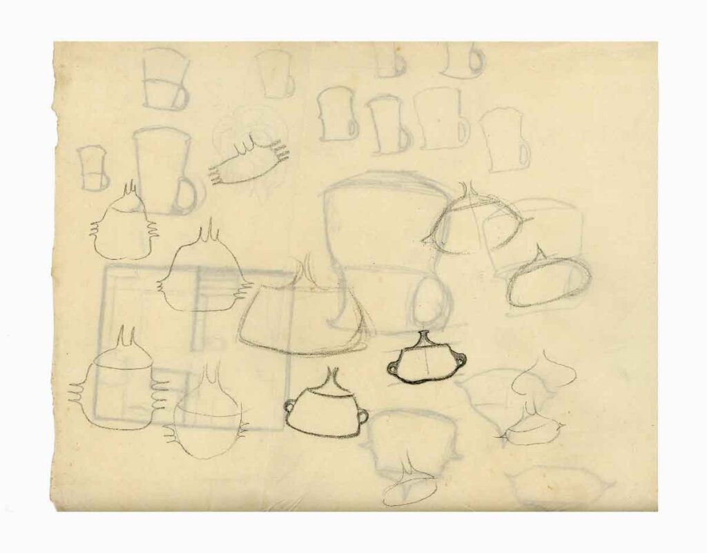 1958 - Dessin au crayon gris - Céramiques