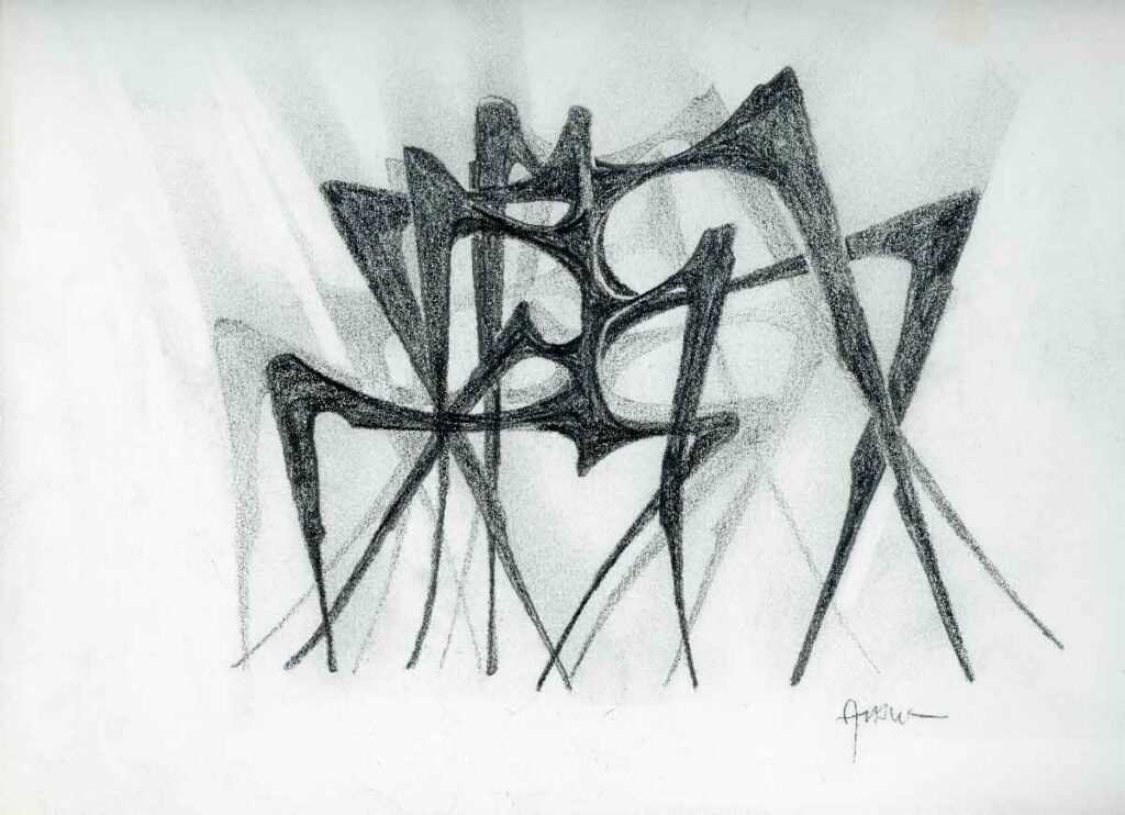 1959 - Dessin au crayon gris - Babel aux mille pattes